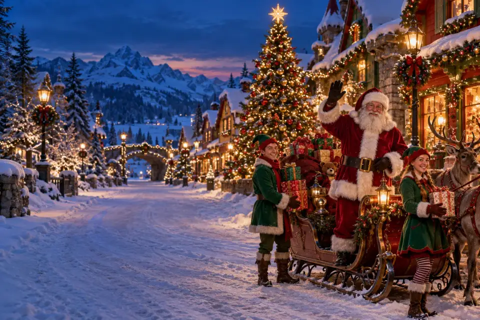 Santa and his elves welcome you to a snow-covered North Pole village